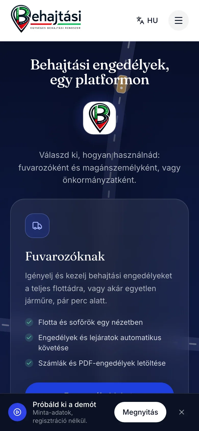 A Behajtási.hu mobilos nyitóoldala a felhasználói szerepek bemutatásával.