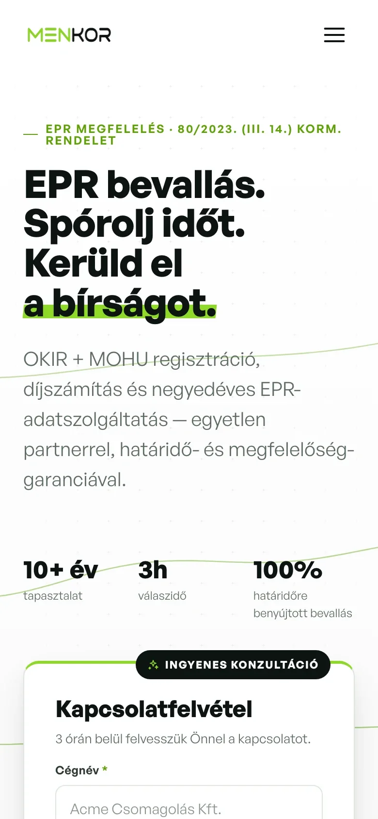 A Menkor mobilos landingje, a szolgáltatás bemutatásával és a kapcsolatfelvételi űrlap elejével.