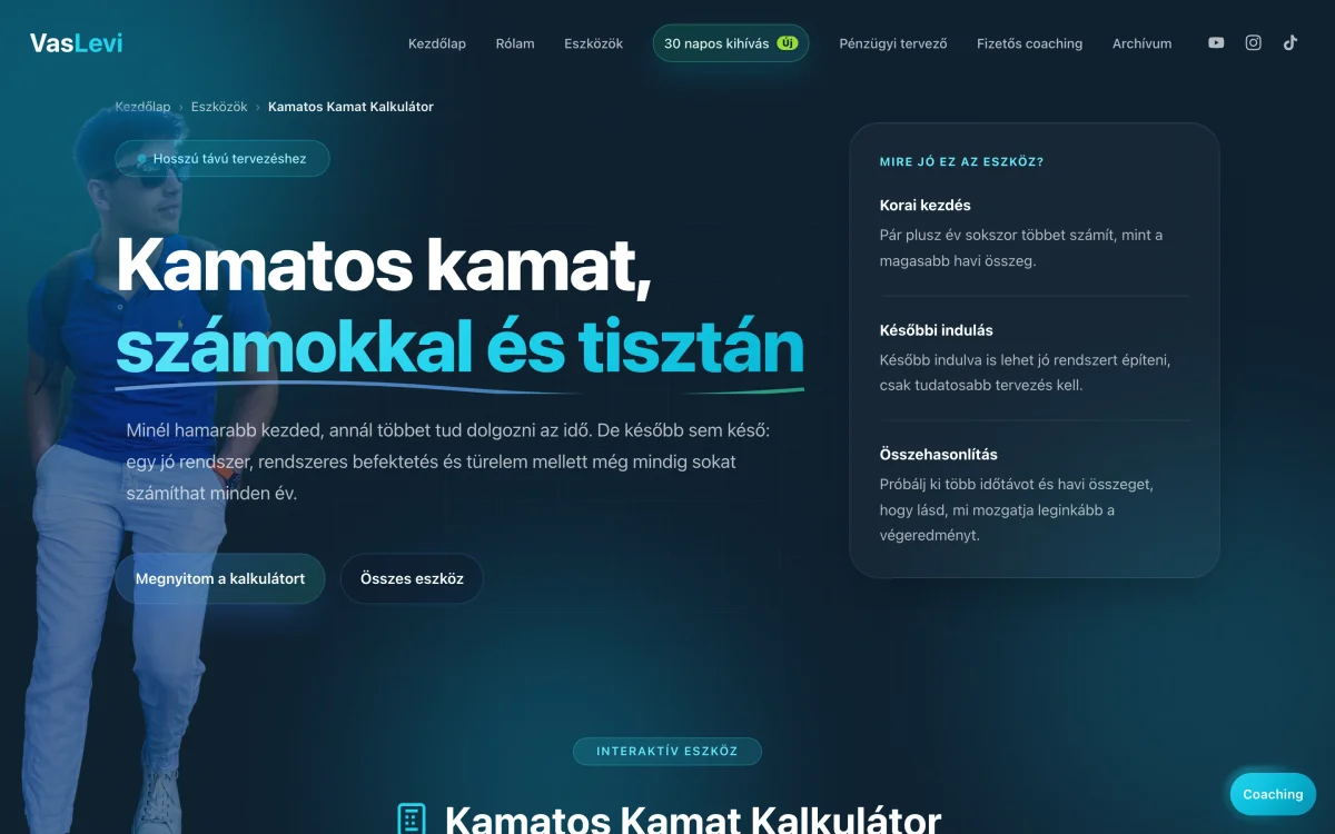 A Vas Levi kamatoskamat-kalkulátorának asztali oldala.