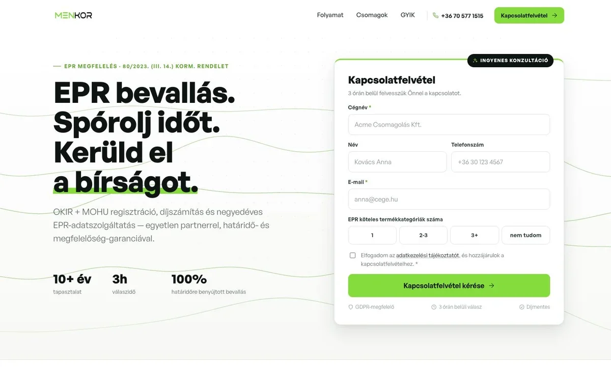 A Menkor főoldali üzenete és kapcsolatfelvételi űrlapja asztali nézetben.