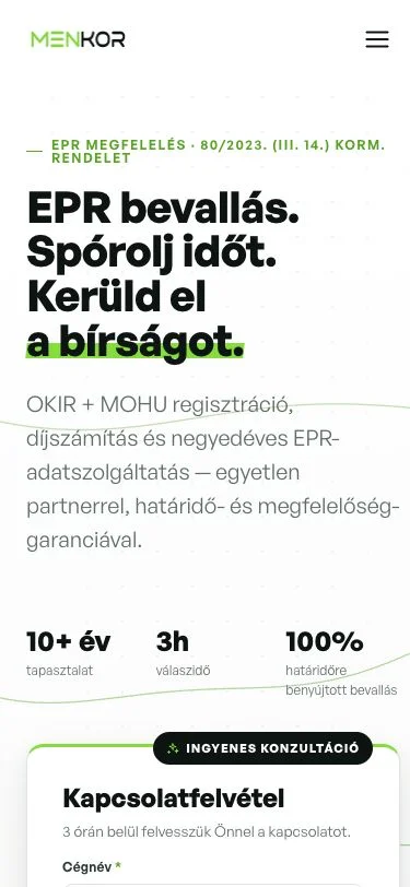 Menkor főoldala telefonon