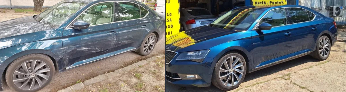 Egy kék autó karosszériája javítás előtt és után, egymás mellett.