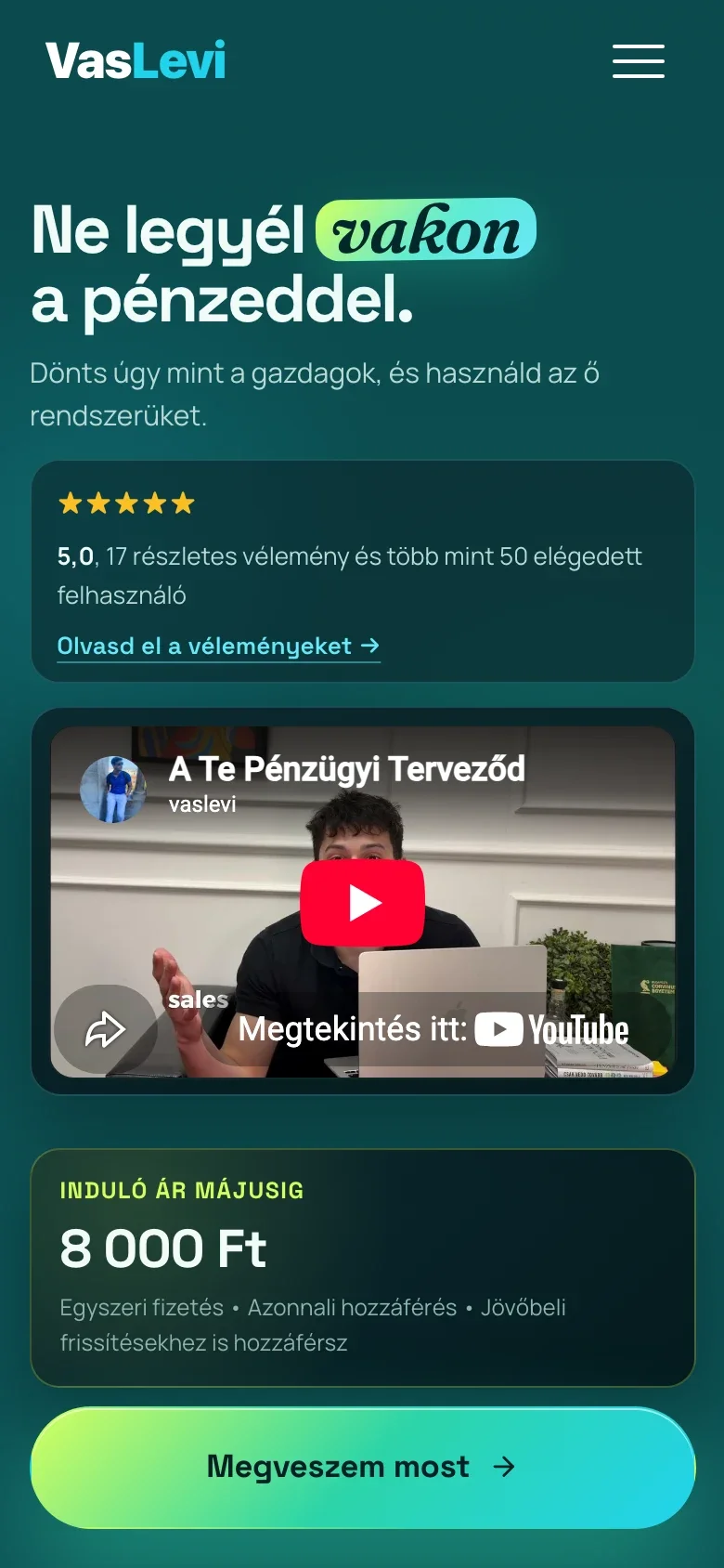 A Te Pénzügyi Terveződ mobilos landing oldala videós bemutatóval, értékelésekkel és vásárlási gombbal.
