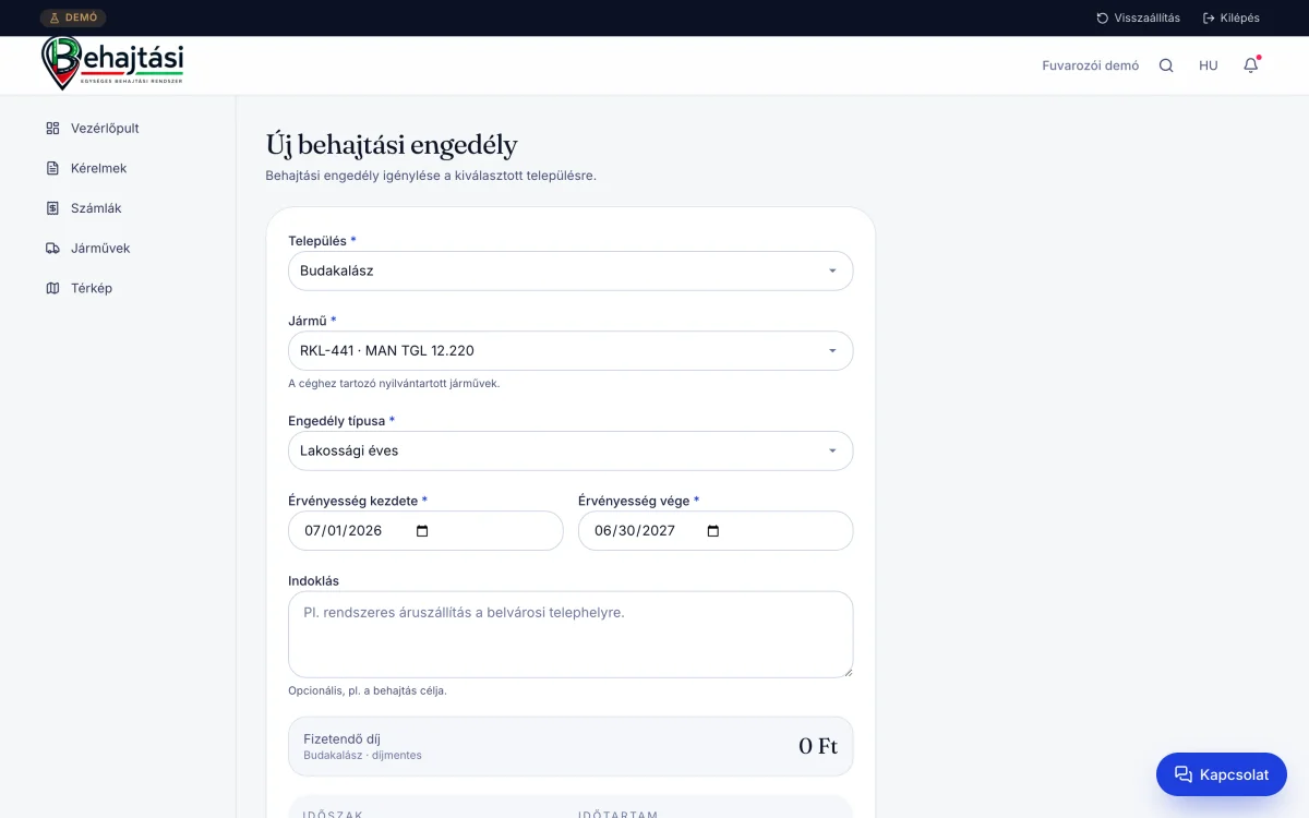 A Behajtási.hu új behajtási engedély igénylésére szolgáló űrlapja.