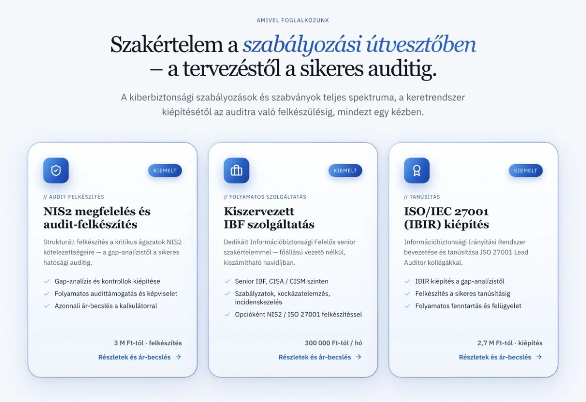 A zemITis friss főoldalának NIS2, IBF és ISO 27001 szolgáltatásblokkjai.