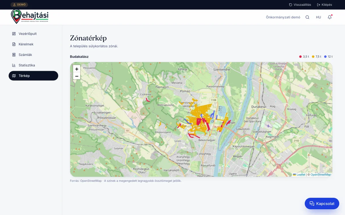 A Behajtási.hu térképes zónakezelő felülete és oldalsó vezérlőpanelje.
